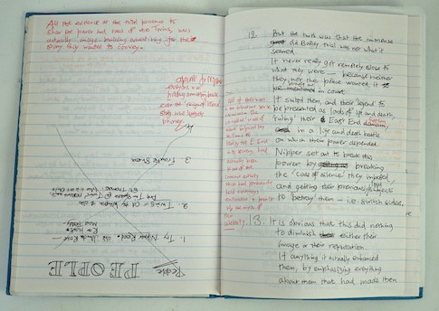 (Pearson, John - Ms. Notebook, The Kray Twins) a med. octavo cloth bound ruled notebk of approx. 120 used pages; apparently compiled for the author's third (& final) book on this subject - 'Notorious: the immortal legend